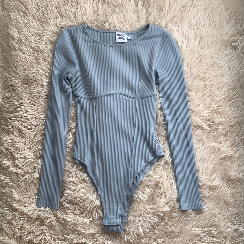 blue ribbed bodysuit